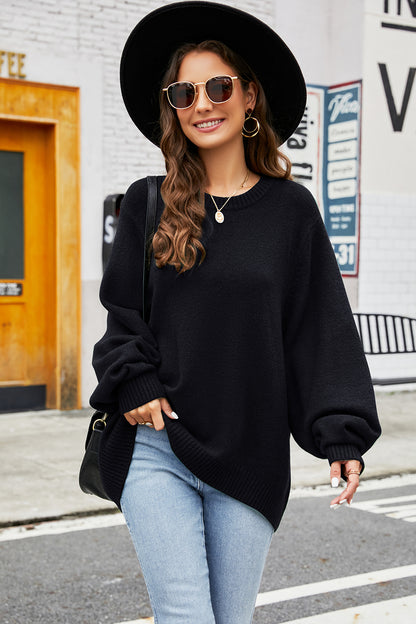 Round Neck Long Sleeve Sweater - Fashorio