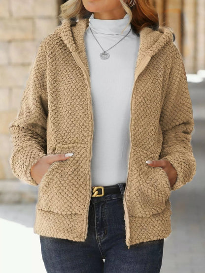 Textured Knit Zip-Up Hooded Outerwear Apricot - Fashorio