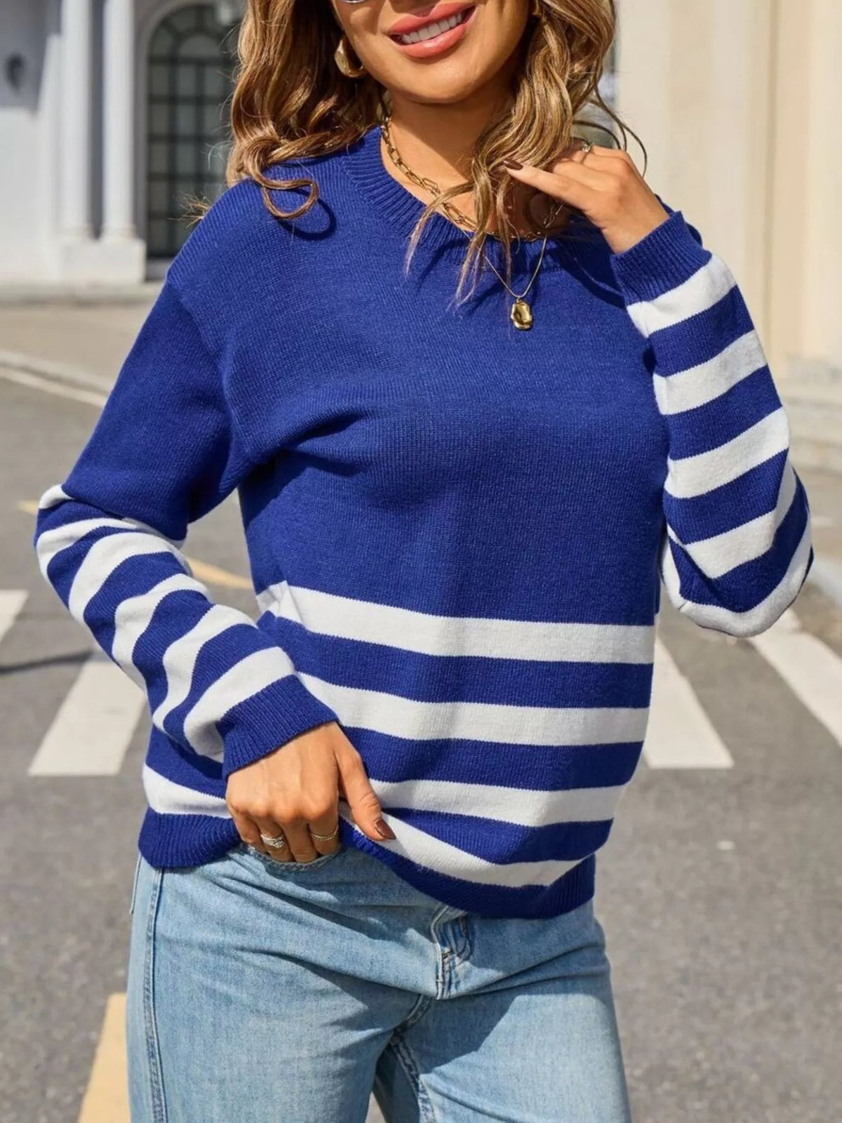 striped trim crew neck sweater front view