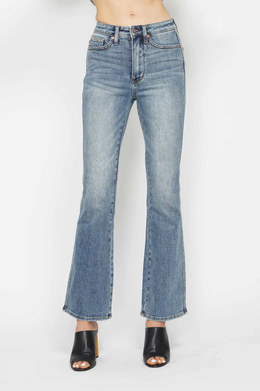 Bootcut jeans with tummy control waist shown from the side