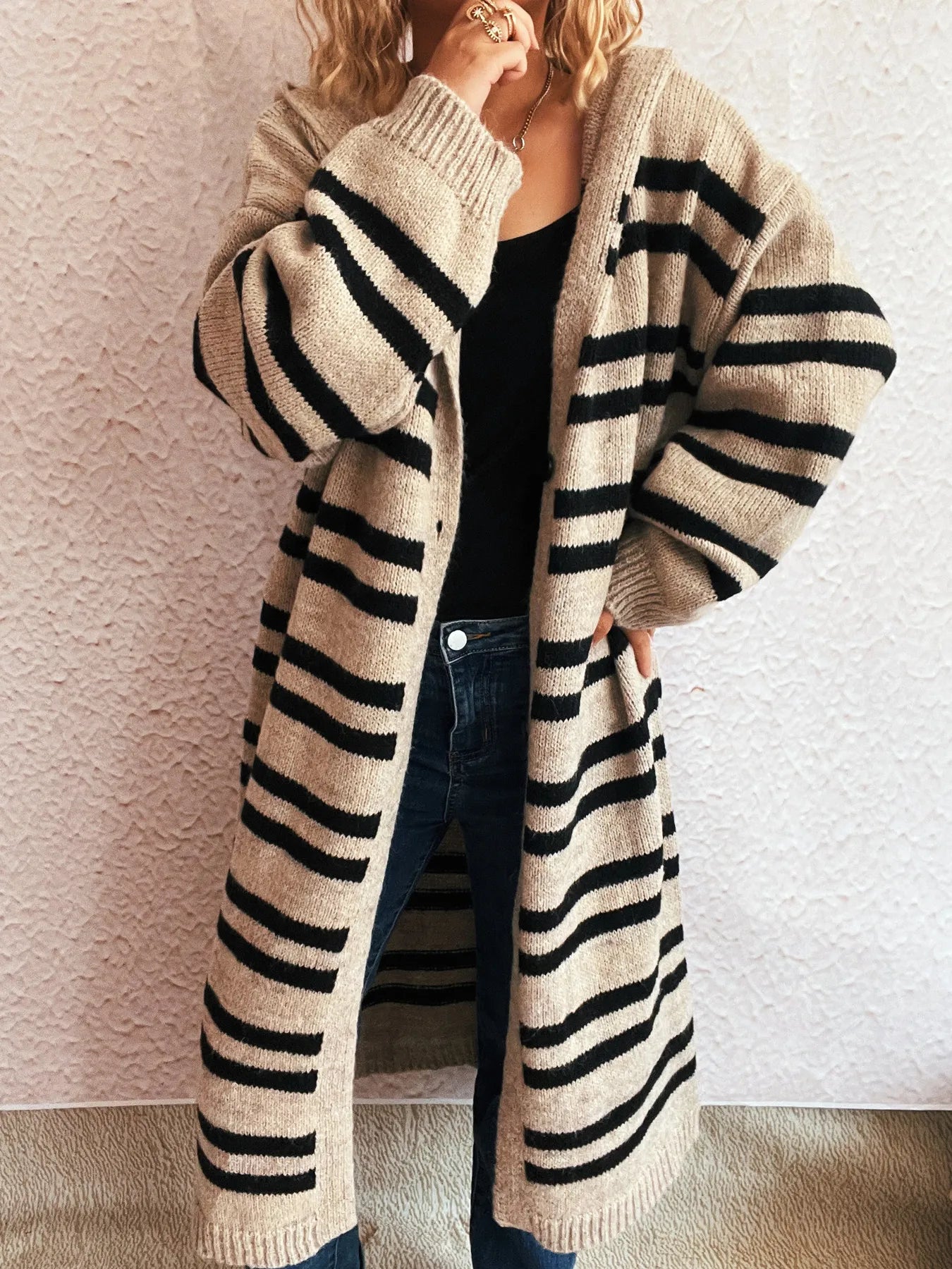Striped Open Front Hooded Cardigan Khaki One Size - Fashorio