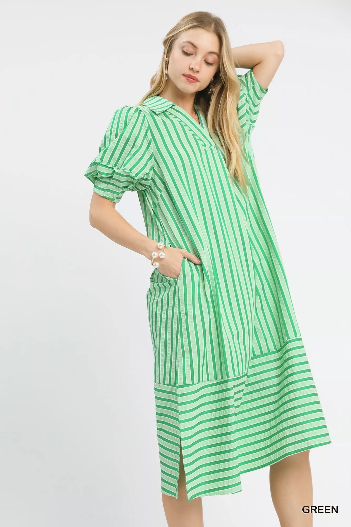 Striped Puff Sleeve Midi Dress back view