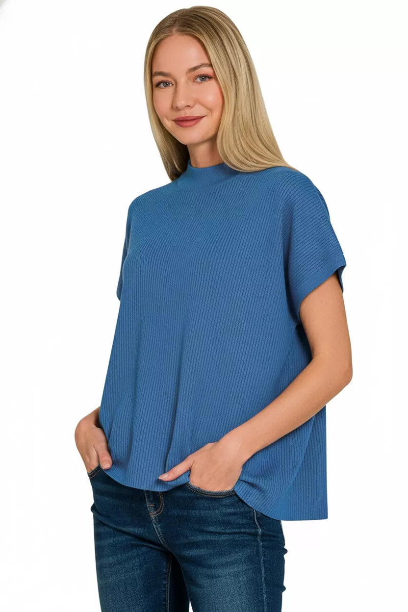 Detail of ribbed mock neckline