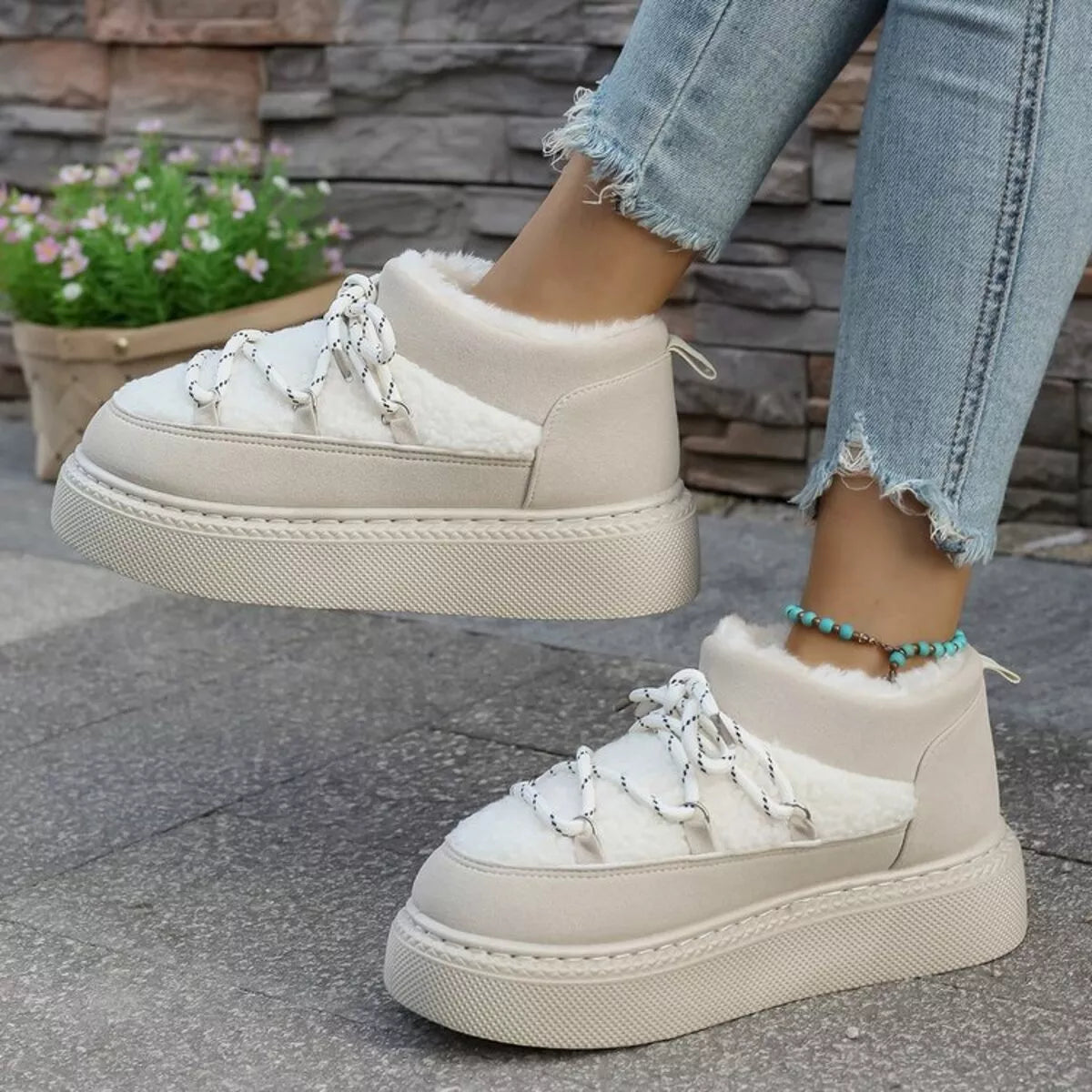 plush lined lace up platform winter boots buckle detail