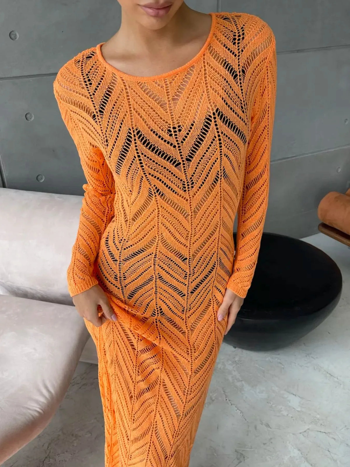 openwork knit long sleeve cover up maxi dress knit texture detail