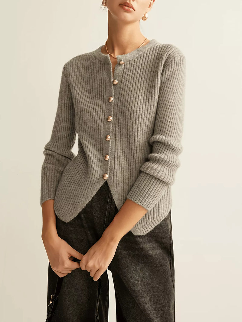 Ribbed knit button down cardigan front