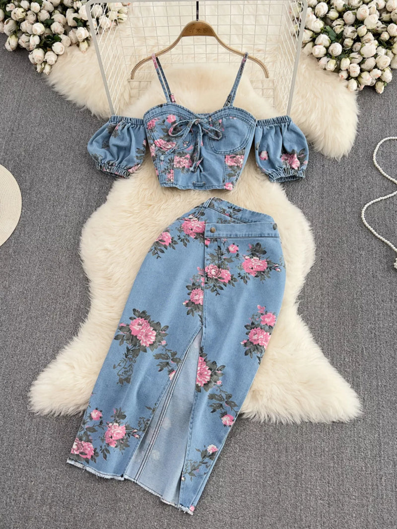 Floral sweetheart cami and denim skirt two piece set front view