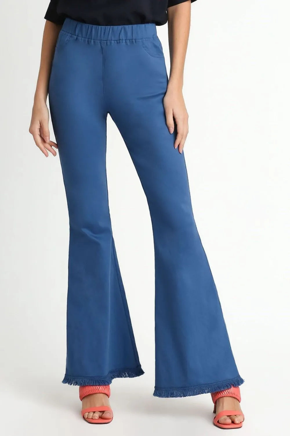 Umgee Full Size Wide Flare Leg Stretch Pants with Frayed Hem Plus Size Peacock Blue - Fashorio