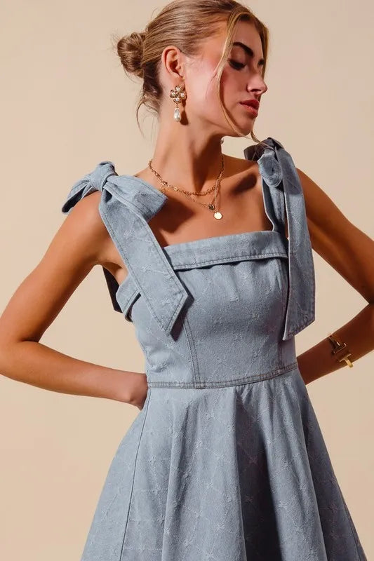 SO ME A Line Fit and Flare Diamond Bow Ribbon Denim Dres - Fashorio
