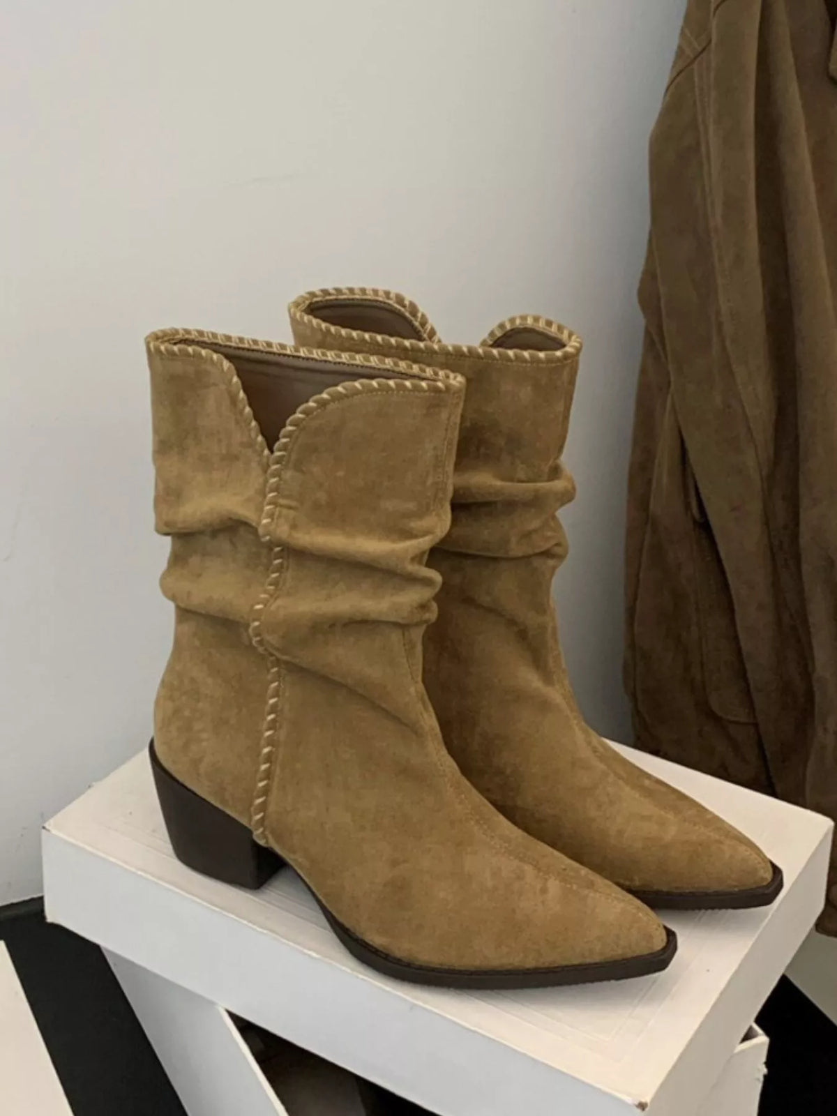 point toe block heel boots tan front view