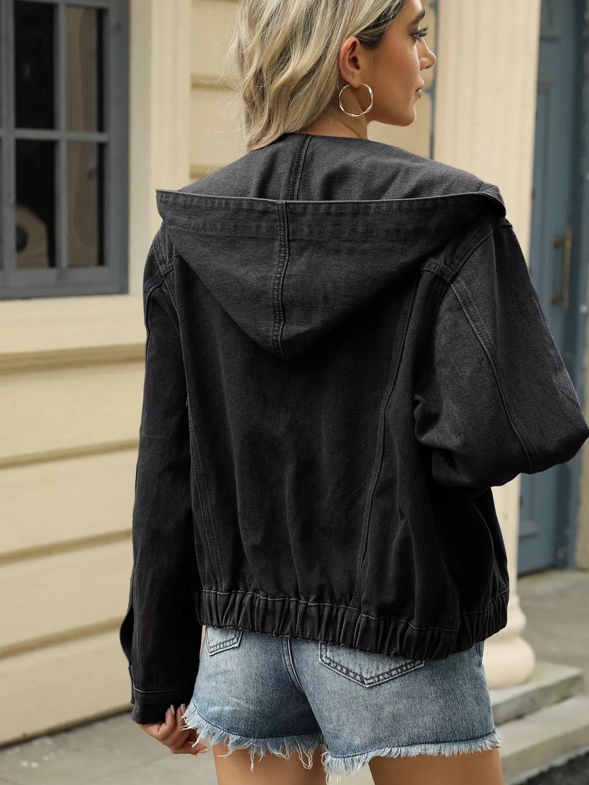 Washed Hooded Denim Jacket in Black detail