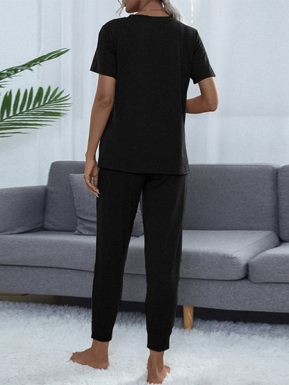 Shiny Round Neck Short Sleeve Top and Pants Set - Fashorio