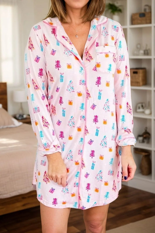 Printed Collared Neck Long Sleeve Lounge Dress Blush Pink - Fashorio