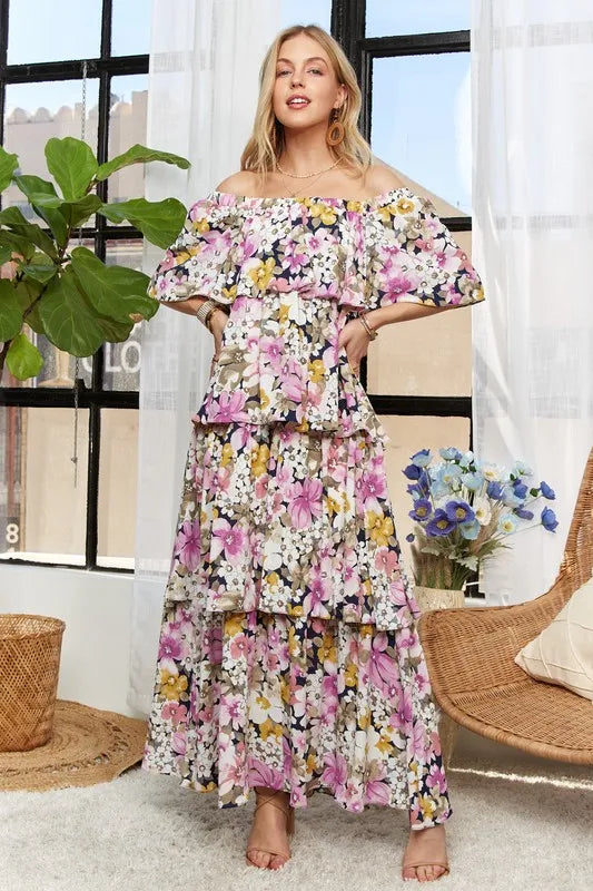 Floral Off Shoulder Maxi Dress in Mauve on model