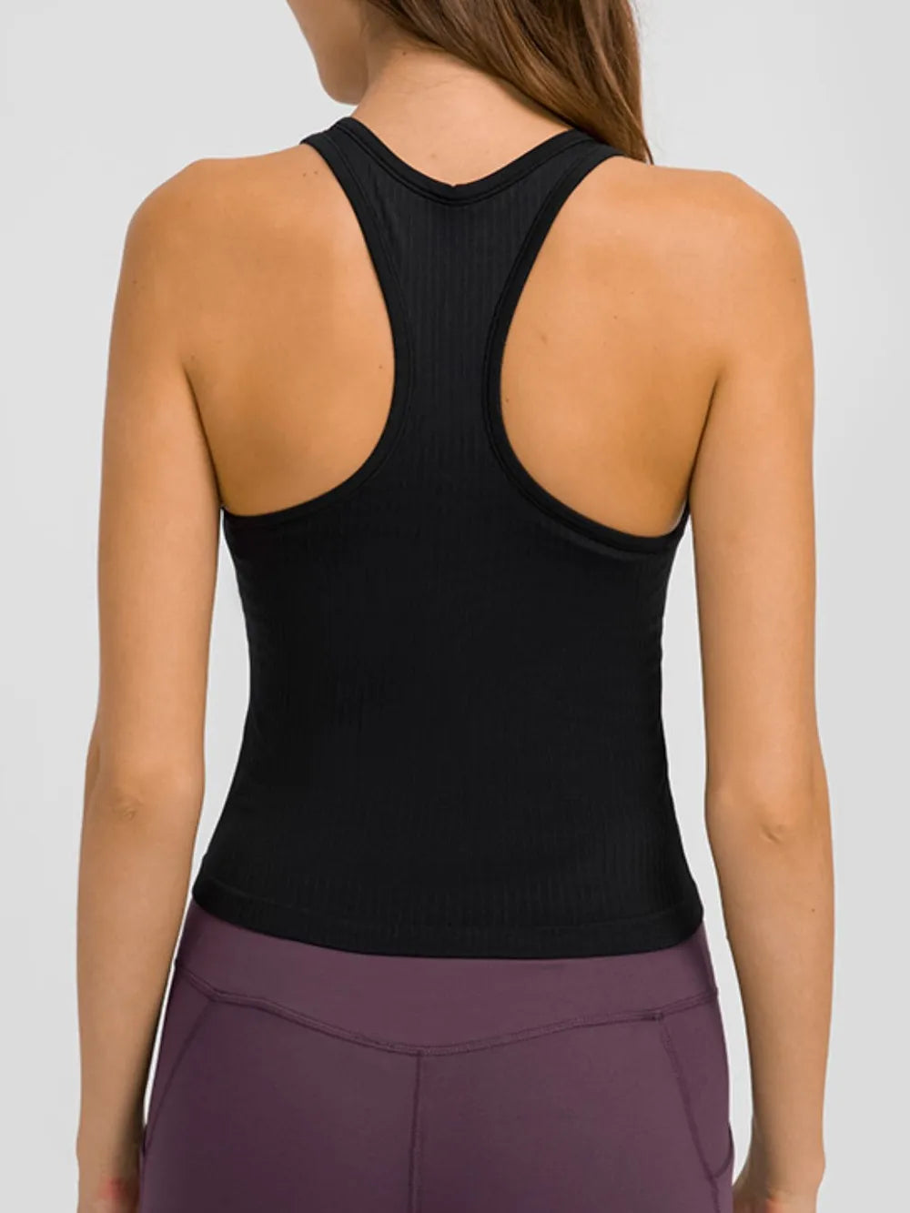 Round neck racerback padded active tank editorial view