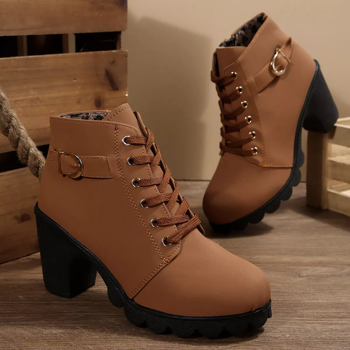 Lace up block heel suede boots full length shot