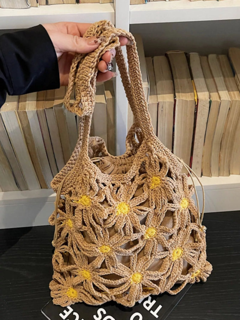 Khaki crochet daisy shoulder bag front view