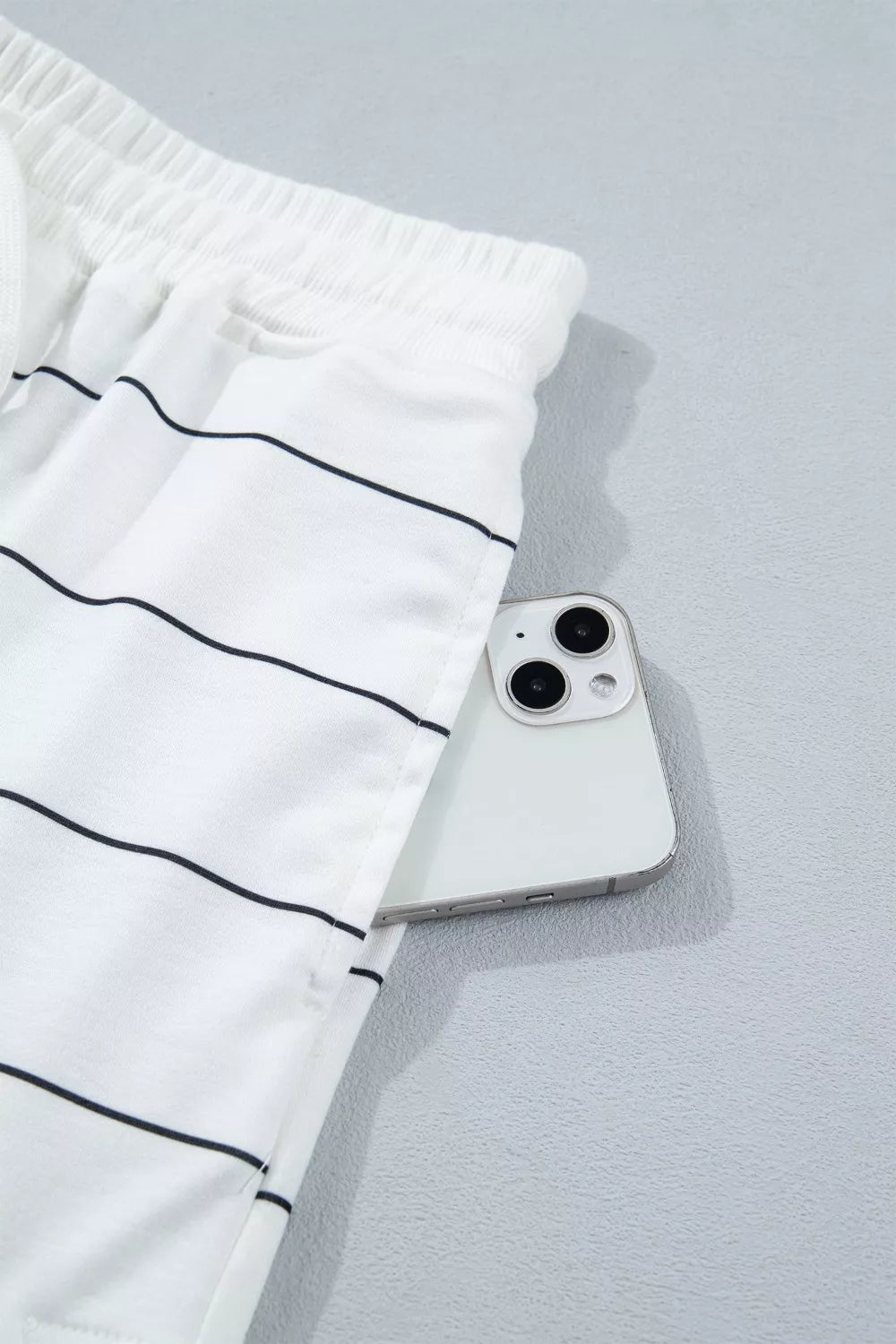 Stripe tee drawstring shorts waist detail