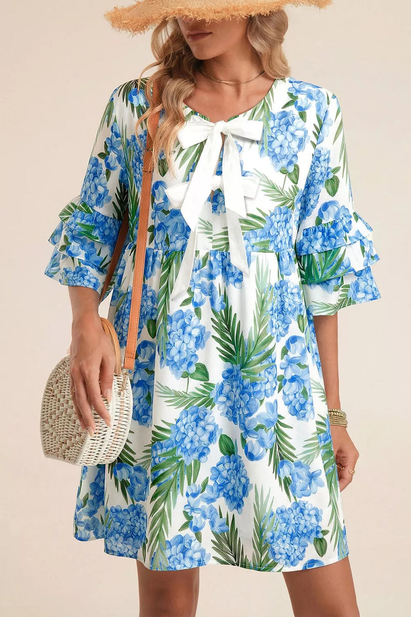 palm floral ruffle tiered mini dress front view