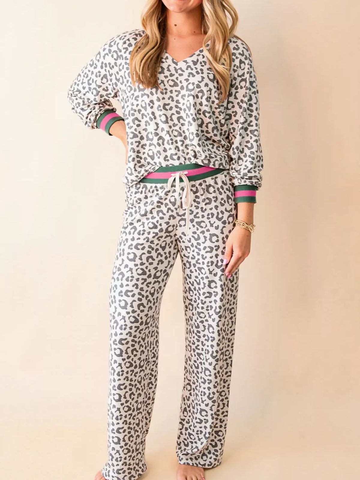 Leopard print V neck long sleeve top and drawstring pant set front view