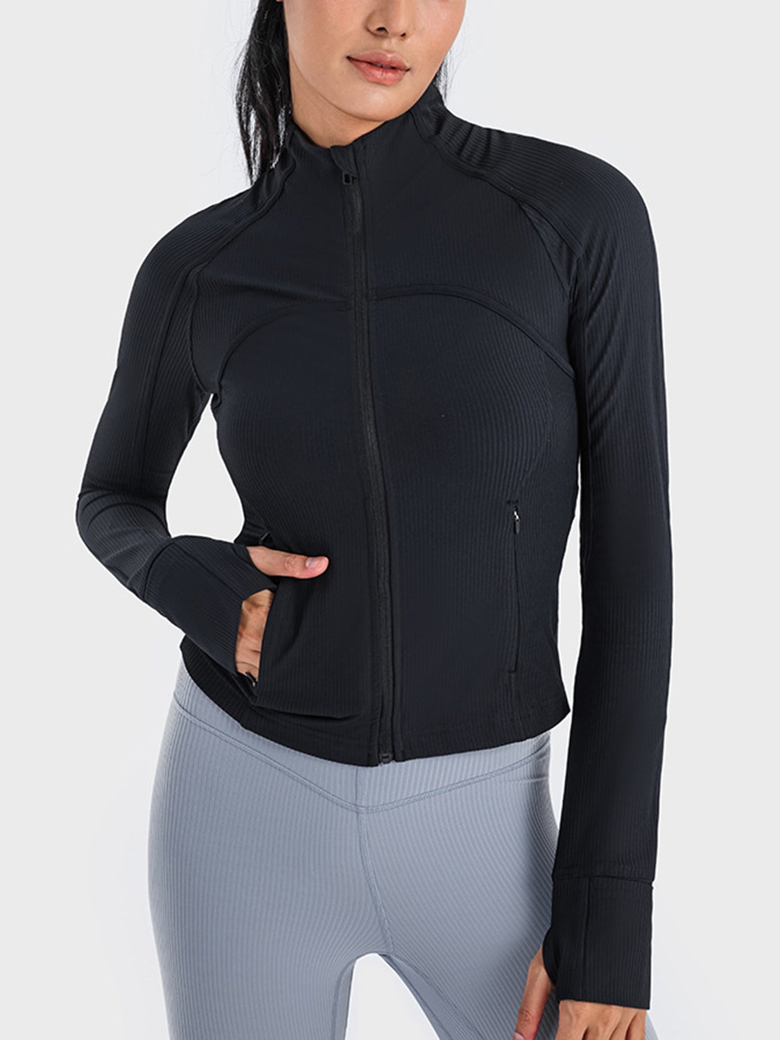 Zip up long sleeve sports jacket full length view