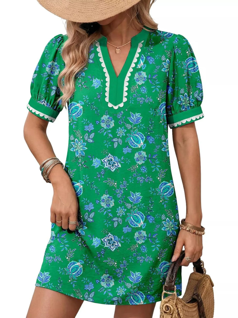 Notched puff sleeve mini dress, full front view