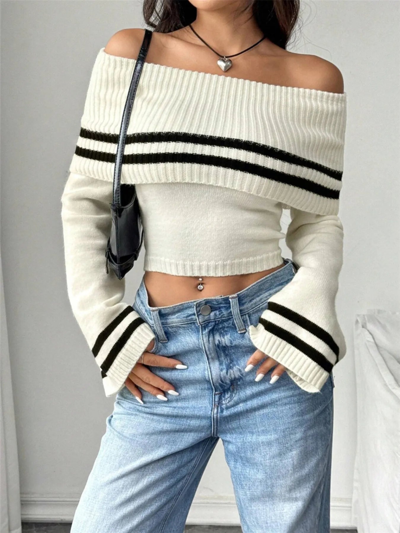 Ribbed Off-Shoulder Striped Knit Top White - Fashorio