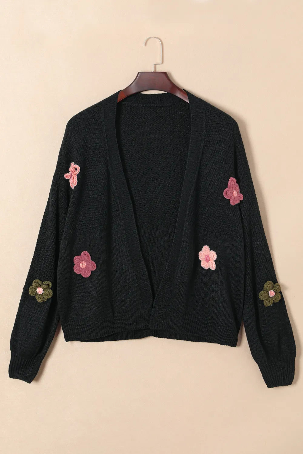 Floral Applique Drop Shoulder Open Front Cardigan - Fashorio