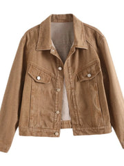 Button Up Long Sleeve Denim Jacket Khaki - Fashorio