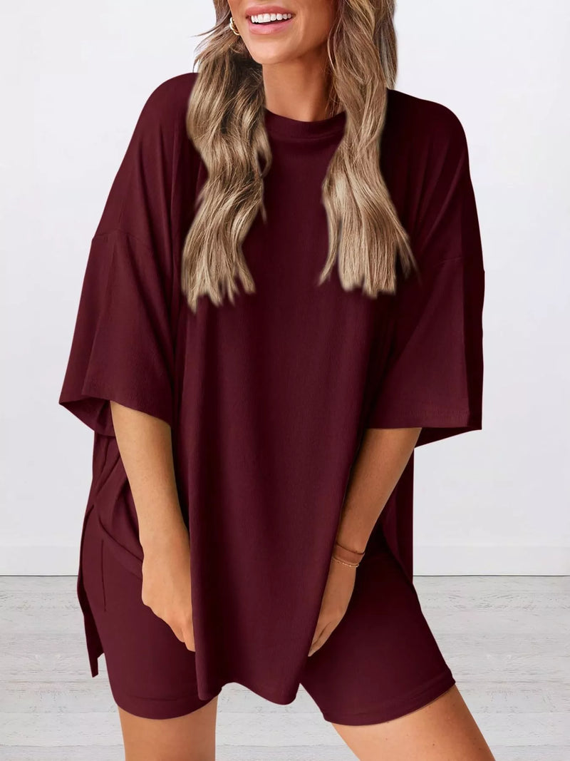 Plus size relaxed round neck top and shorts set front view
