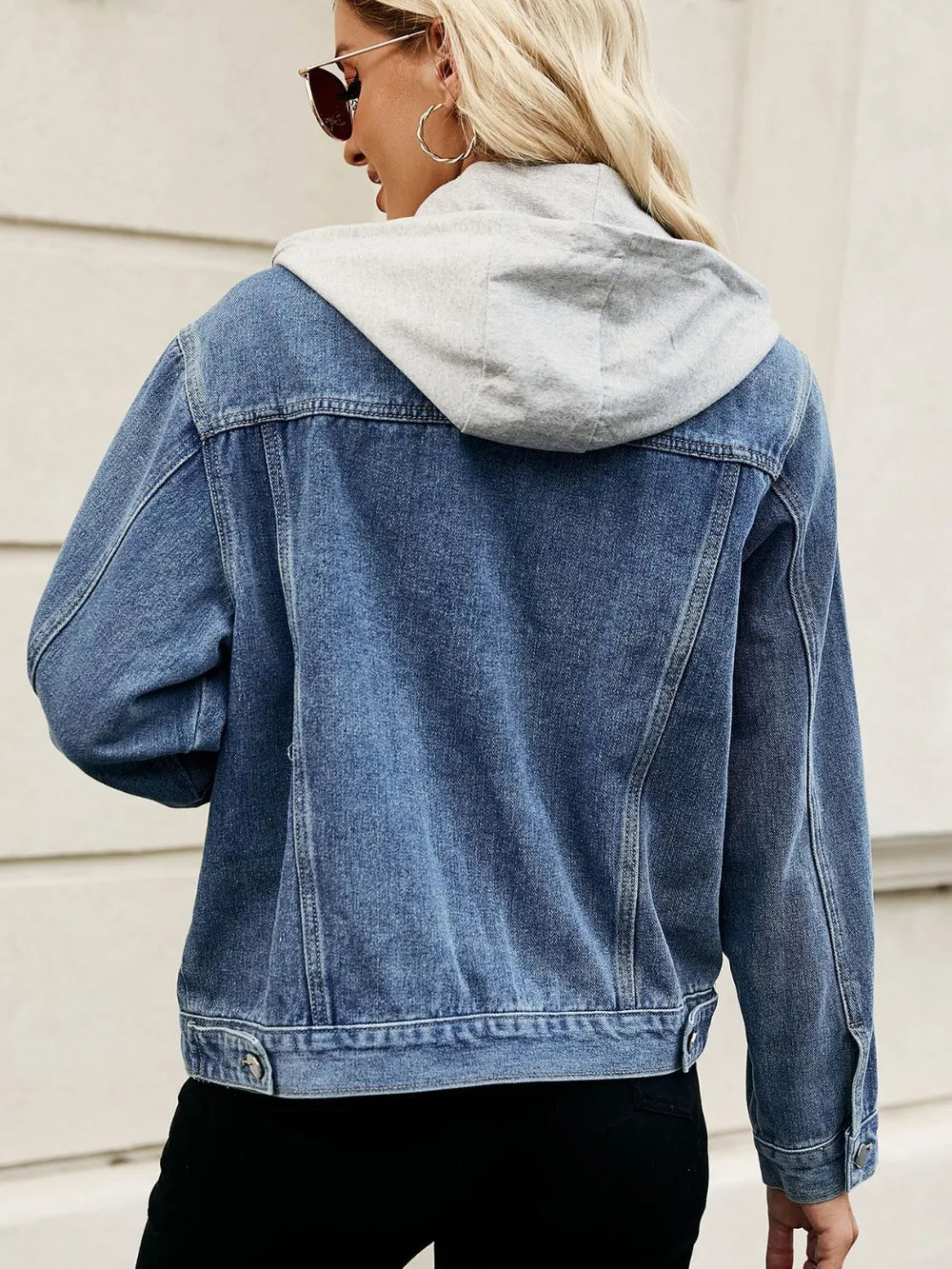 Drawstring Hooded Button Up Denim Jacket - Fashorio