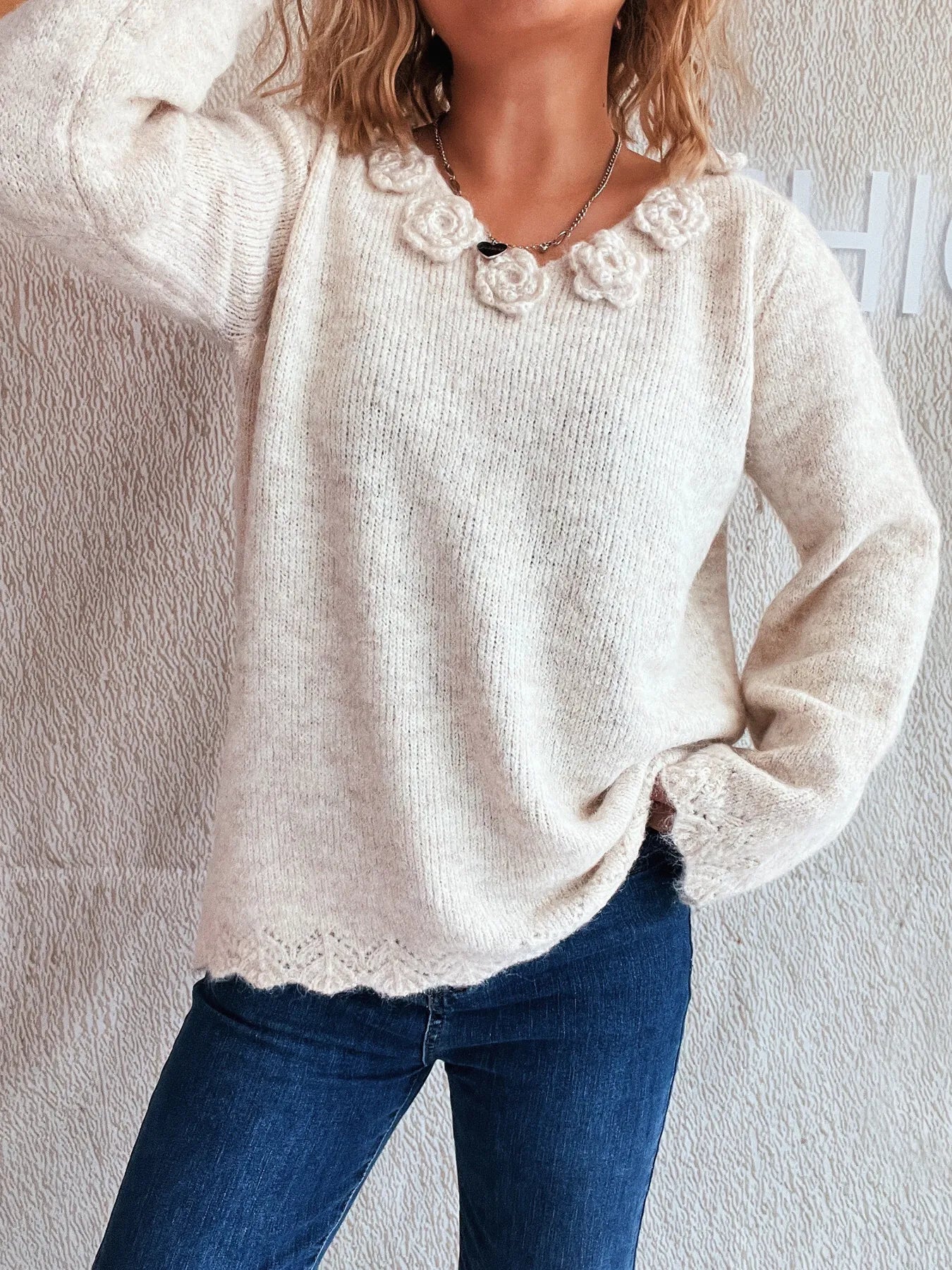 Flower V-Neck Long Sleeve Sweater Apricot One Size - Fashorio