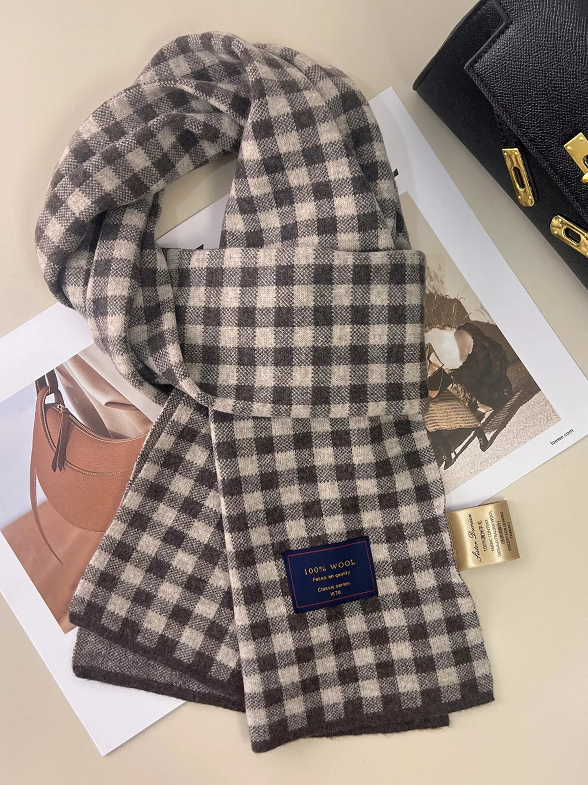Full length wool plaid scarf shown flat