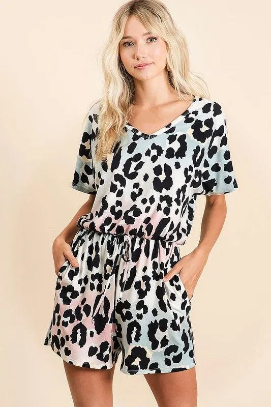 Gradation Leopard Soft Knit V Neck Romper styled look