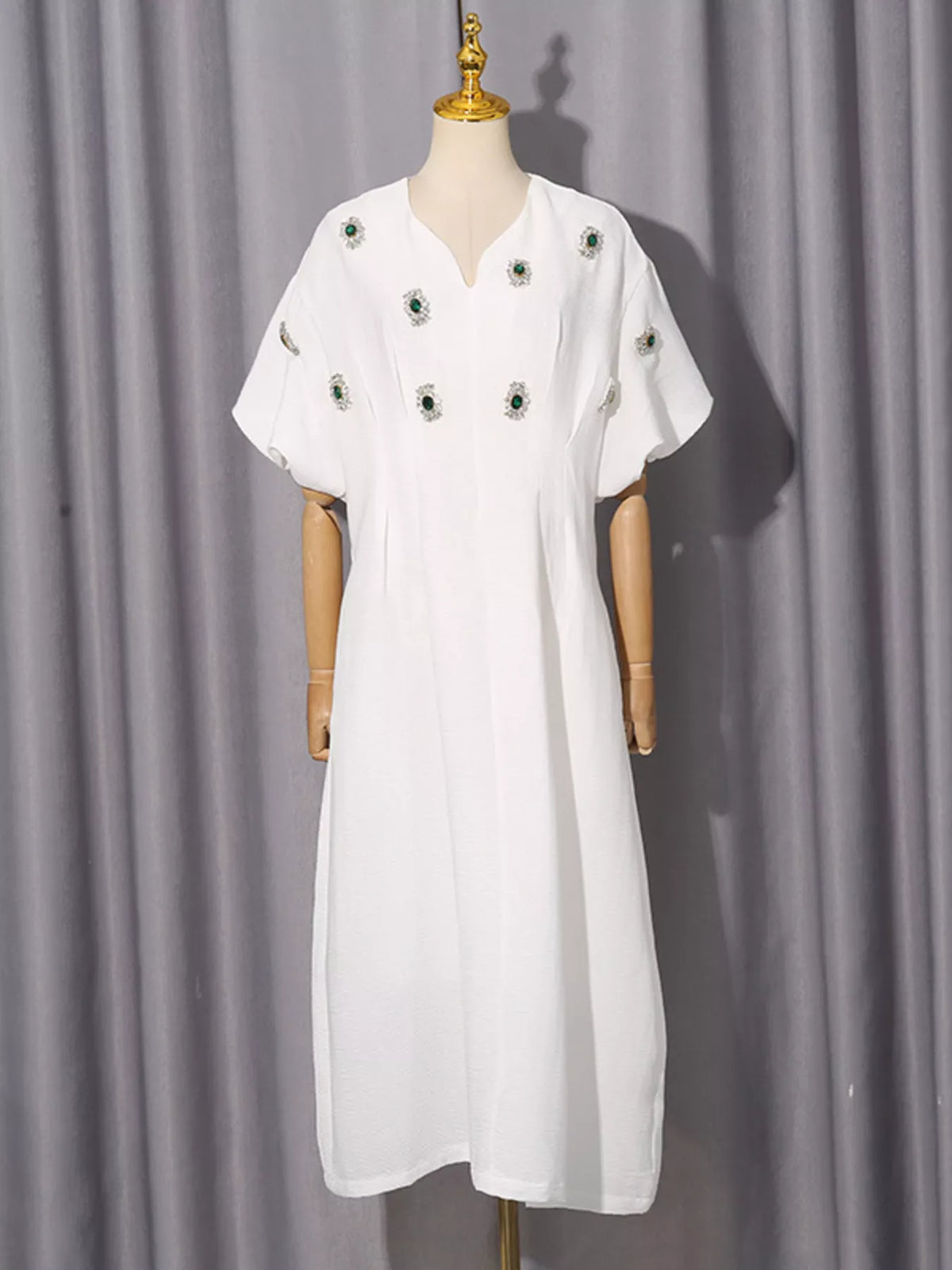 Embellished puff sleeve midi dress three quarter view