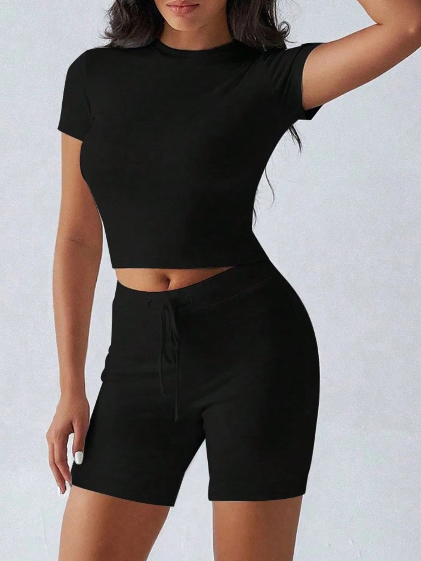 Round Neck Short Sleeve Top and Shorts Set Black - Fashorio