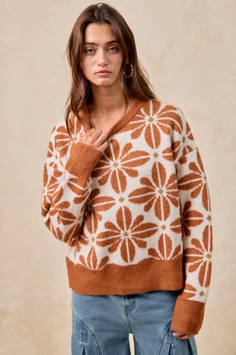 Floral Pattern Long Sleeve Sweater in Rust and Ivory side view