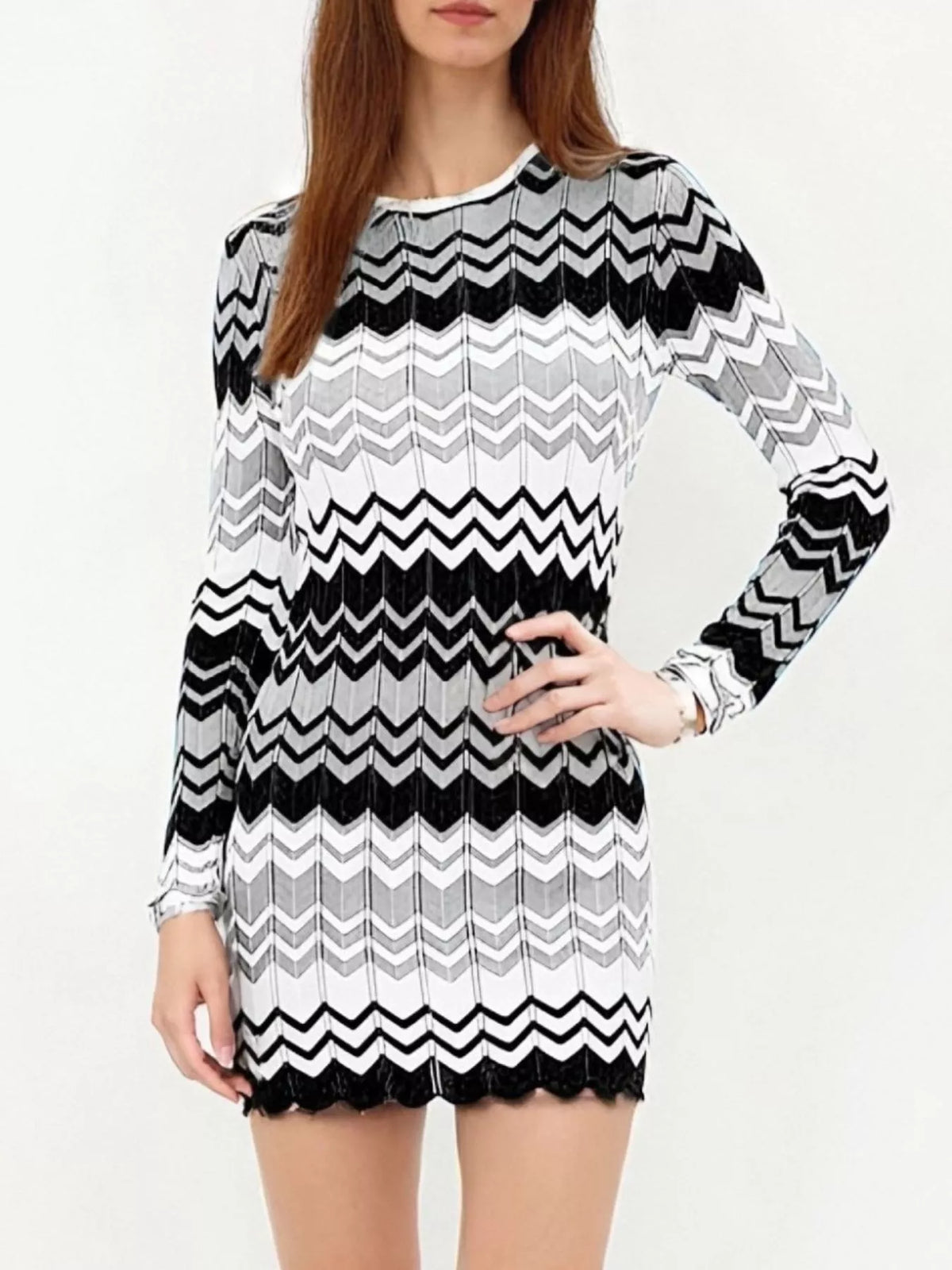 openwork wave pattern knit sweater dress styled outfit look