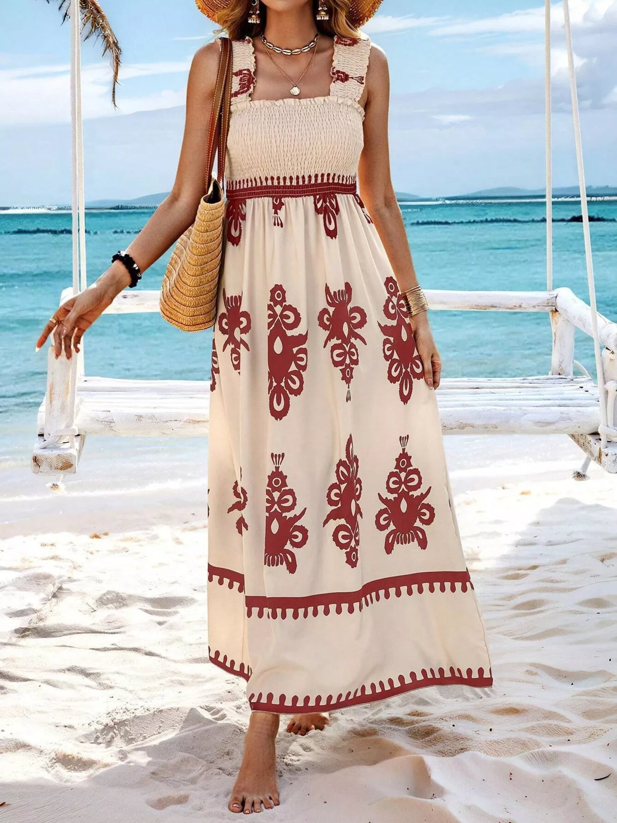 printed square neck smocked maxi dress strap detail