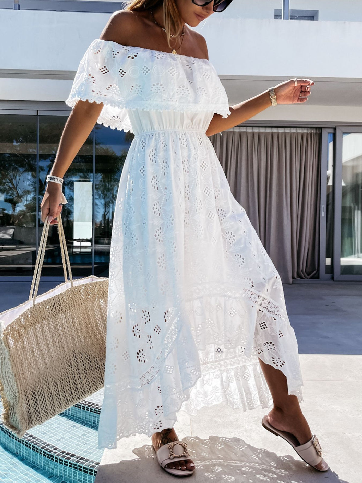 off shoulder eyelet lace maxi dress in white full length view