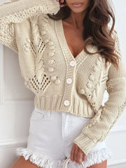 Chunky Cropped Button-Up Sweater Cardigan Beige - Fashorio