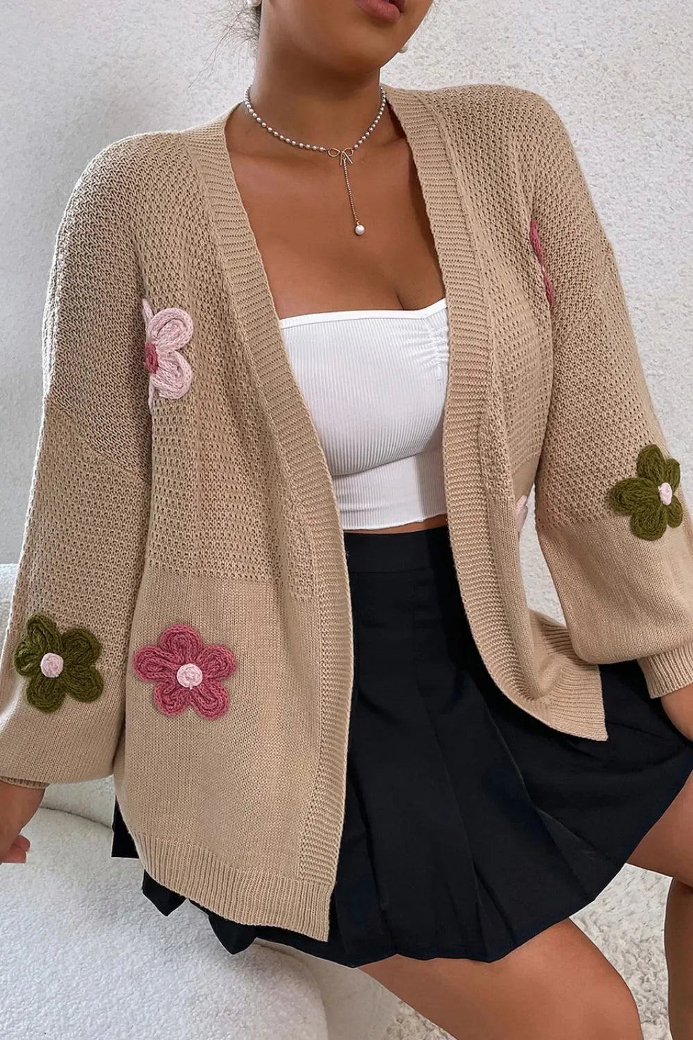 Floral Applique Drop Shoulder Open Front Cardigan Khaki - Fashorio