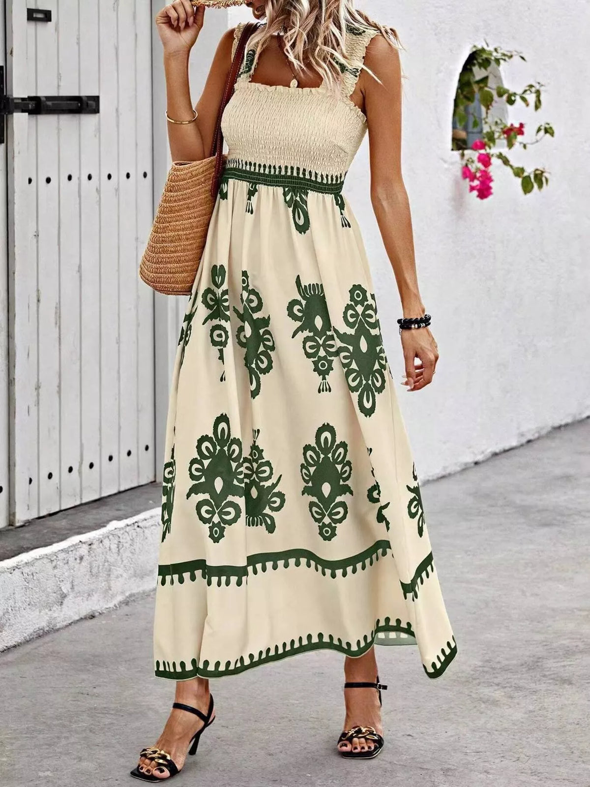 printed square neck smocked maxi dress hemline detail
