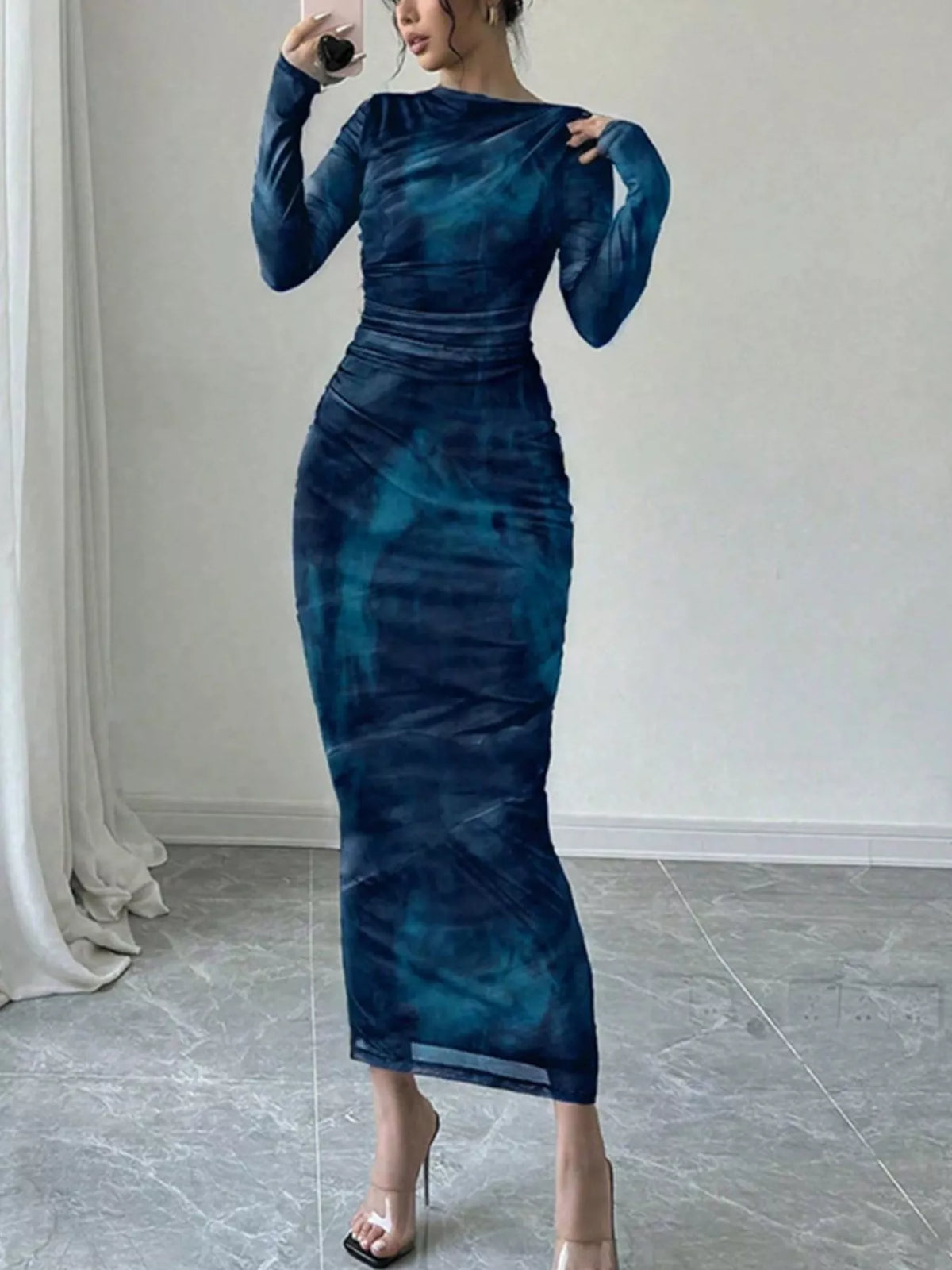 Tie dye ruched bodycon maxi dress styled view