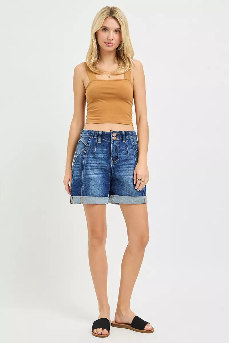 dark wash RISEN high rise roll up shorts close up detail