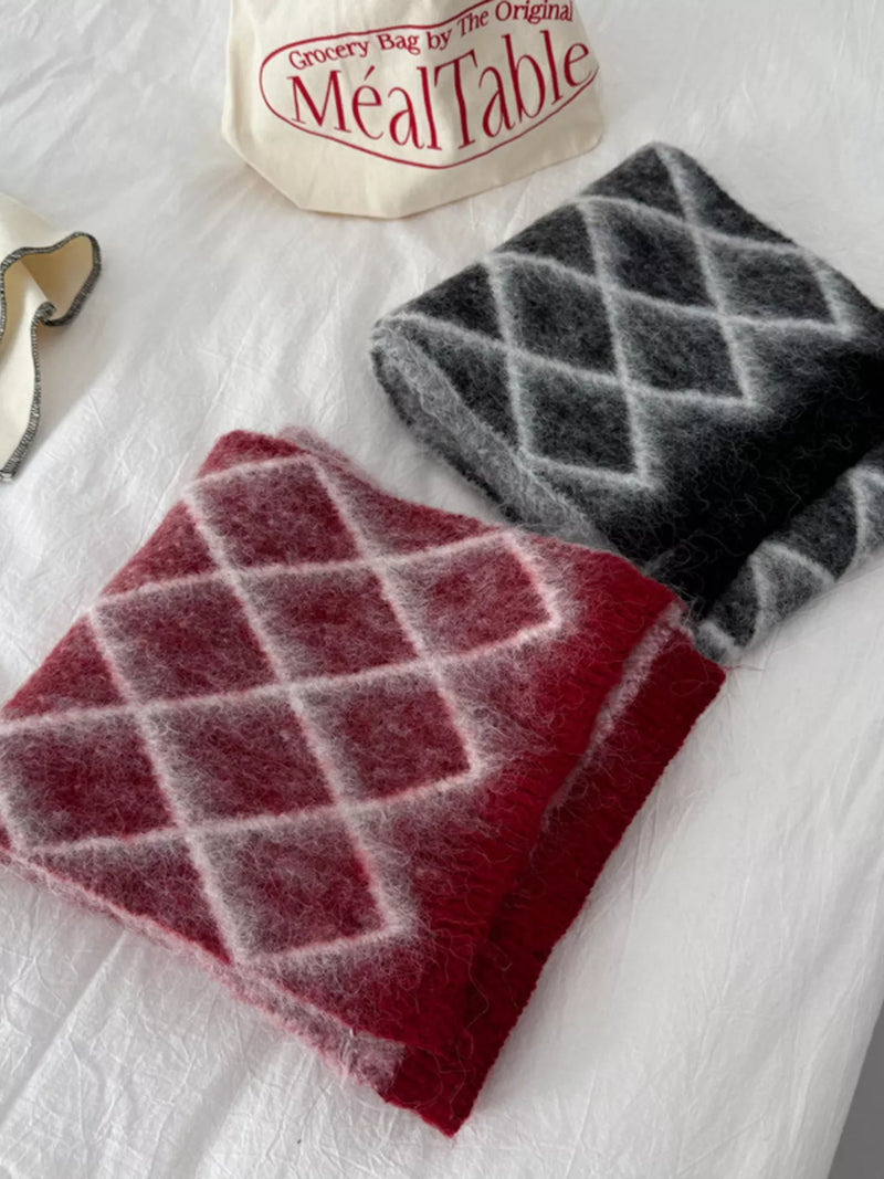 Diamond pattern fuzzy knit scarf front drape