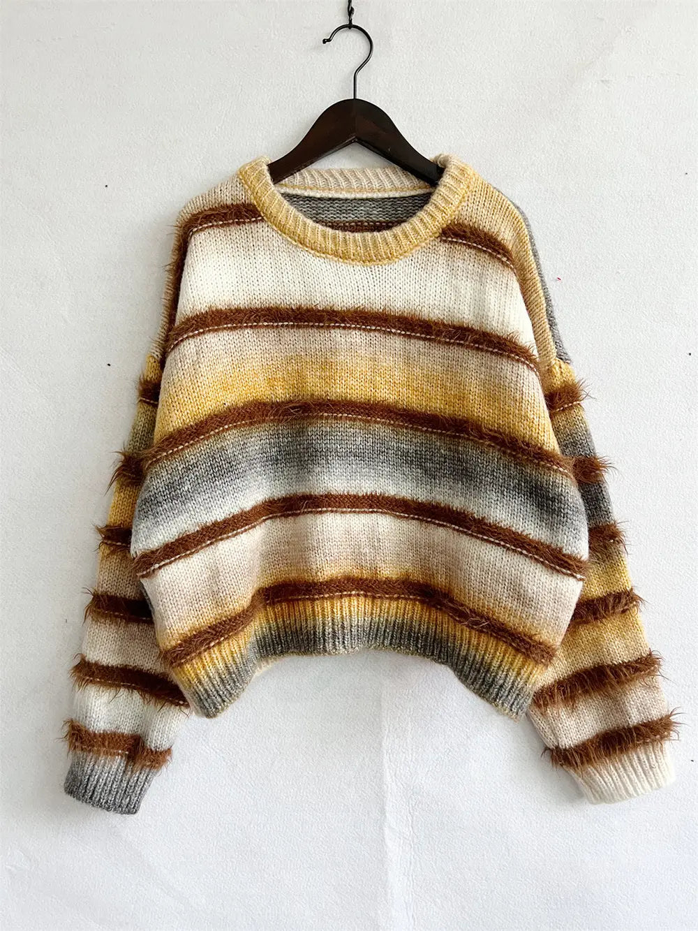 Striped Round Neck Long Sleeve Sweater - Fashorio