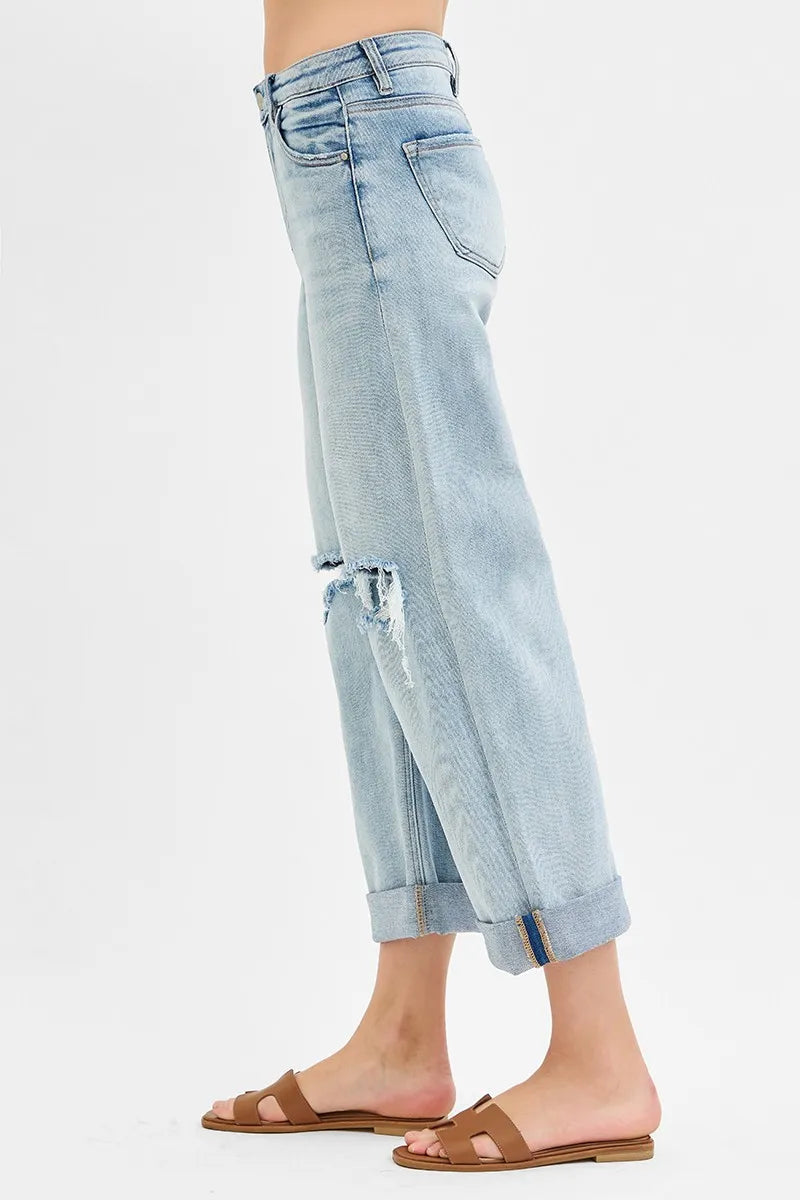 RISEN Full Size Mid Rise Fit Boyfriend Jeans with Cuff Plus Size - Fashorio