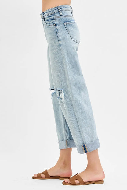 RISEN Full Size Mid Rise Fit Boyfriend Jeans with Cuff Plus Size - Fashorio