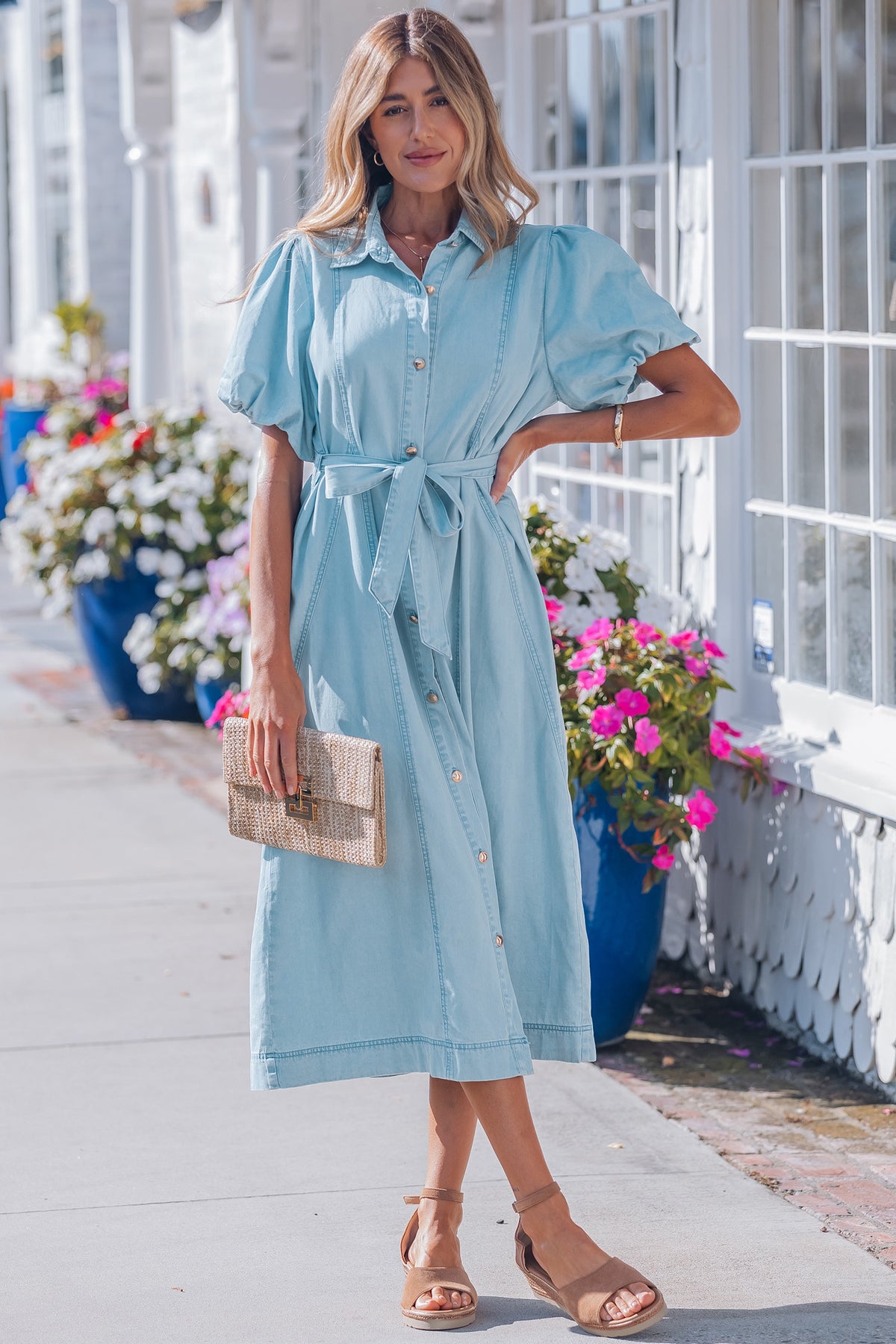 Casual denim midi dress styled with belt